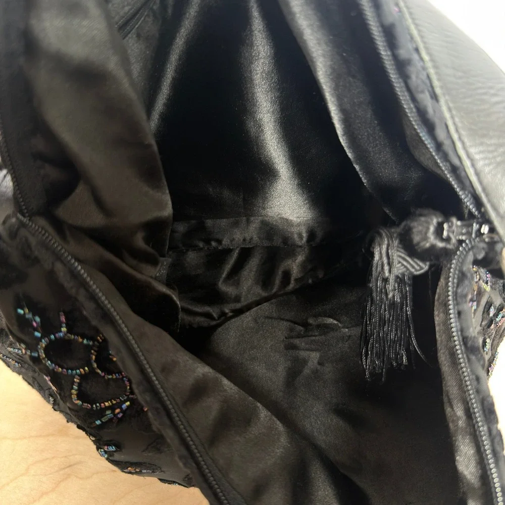 Christiana Black Beaded Velvet Floral Shoulder Bag Tassel Tote Purse